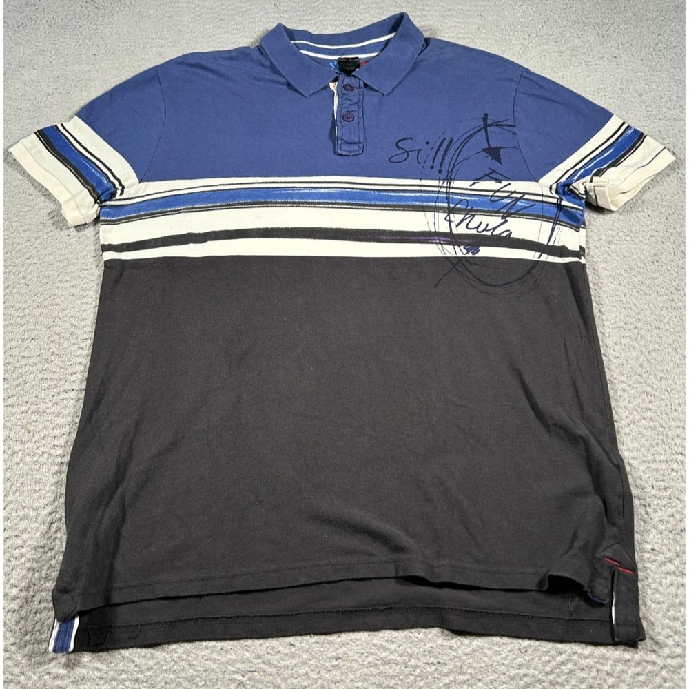 Desigual‎ Polo Shirt Mens 2XL Black Striped Knit Resort Wear Golf Performance